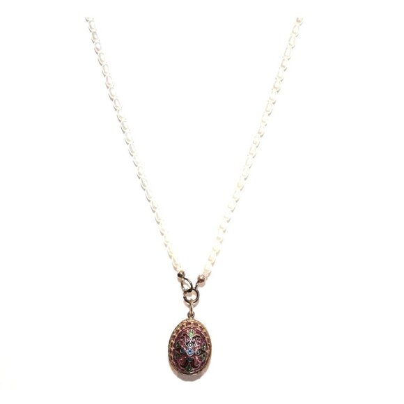 16" Vintage Purple Enamel Crystal Russian Egg Pendant Fresh Water Pearl Necklace - Picture 3 of 4